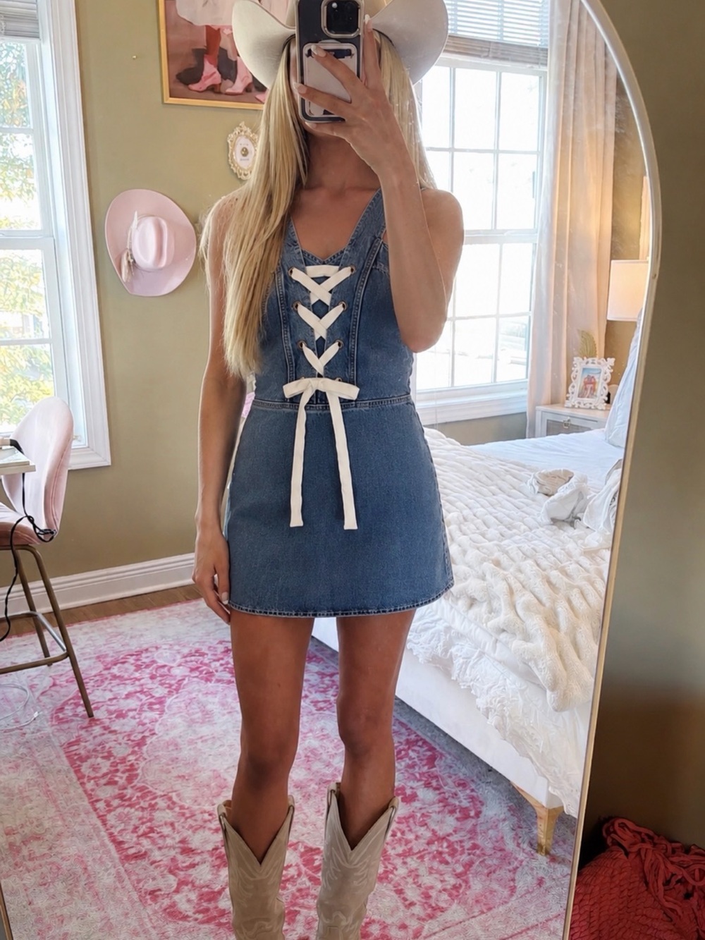 PAIGE Blue Denim Lace-Up Mini Dress with White Ties Small